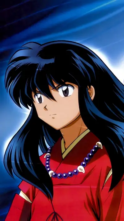 Anime girl with long black hair, wearing red kimono
