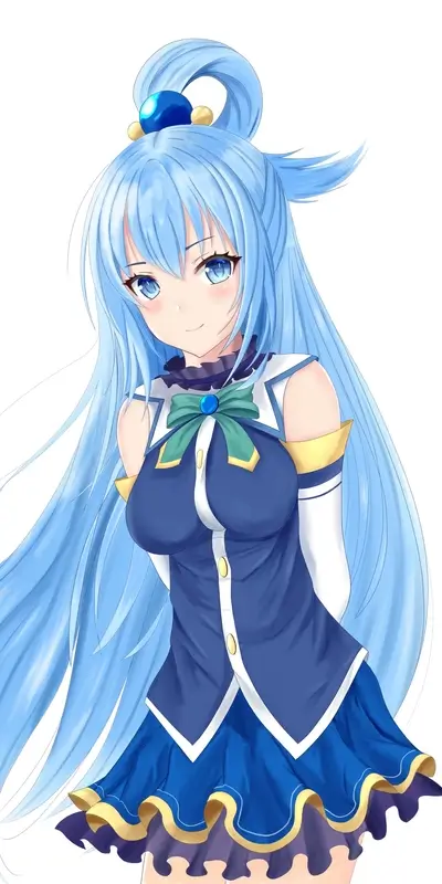 Anime girl with long blue hair and blue dress