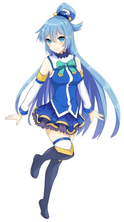 Anime girl with long blue hair, blue dress, and boots