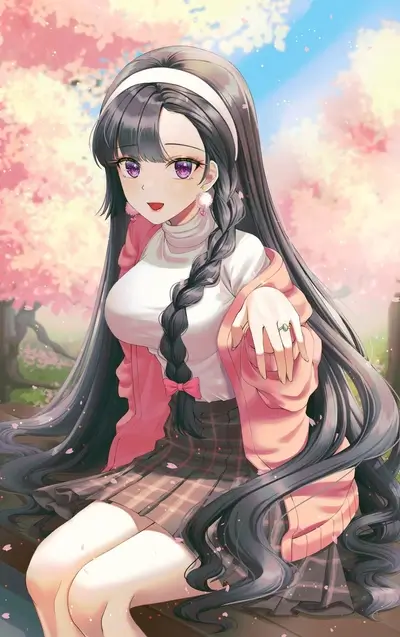 Anime girl with long dark hair, braid, pink sweater, and purple eyes.