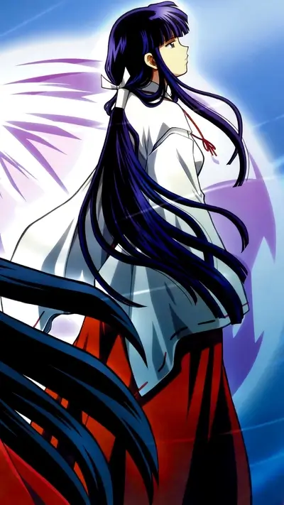 Anime girl with long dark hair, wearing a white and red kimono