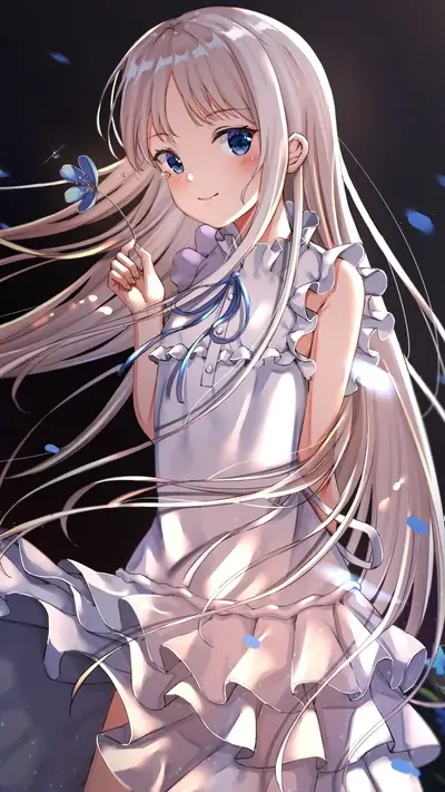 Anime girl with long hair, holding blue flower