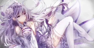 Anime girl with long lilac hair, flower hair clip, reclined in elaborate gown