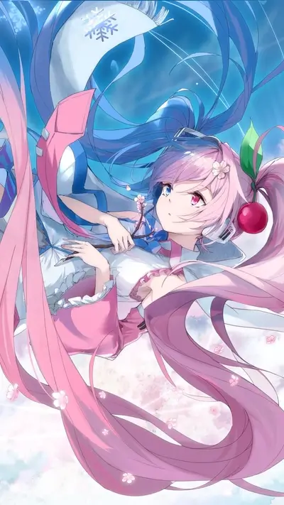 Anime girl with long pink and blue hair