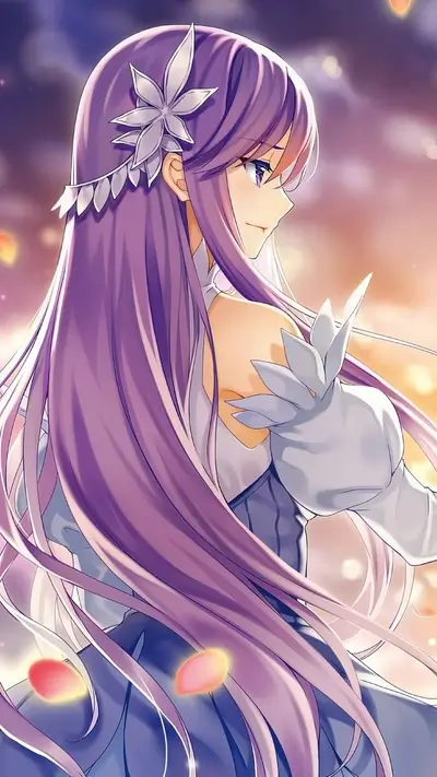 Anime girl with long purple hair and flower headpiece, looking elegant