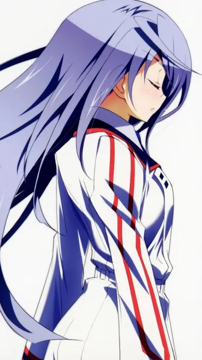 Anime girl with long purple hair, wearing a white uniform