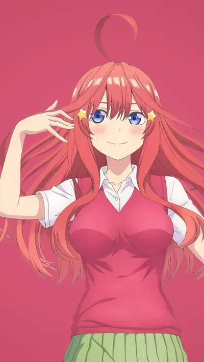 Anime girl with long red hair, wearing a red vest and green skirt