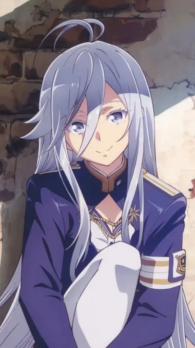 Anime girl with long silver hair, blue eyes, and a serious expression