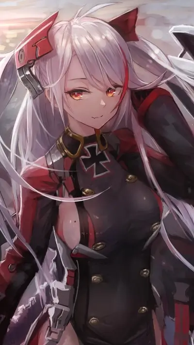 Anime girl with long white hair and uniform-inspired outfit looking attractive