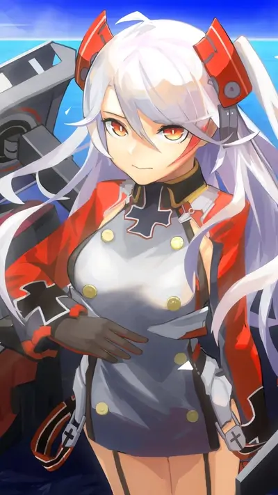 Anime girl with long white hair, red and grey outfit, posing near ocean