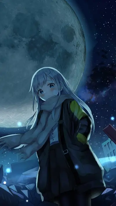 Anime girl with long white hair stands against a moonlit night scene