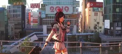 Anime girl with luggage in a bustling Japanese city