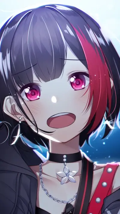 Anime girl with magenta eyes and red streaks, wearing choker and necklace