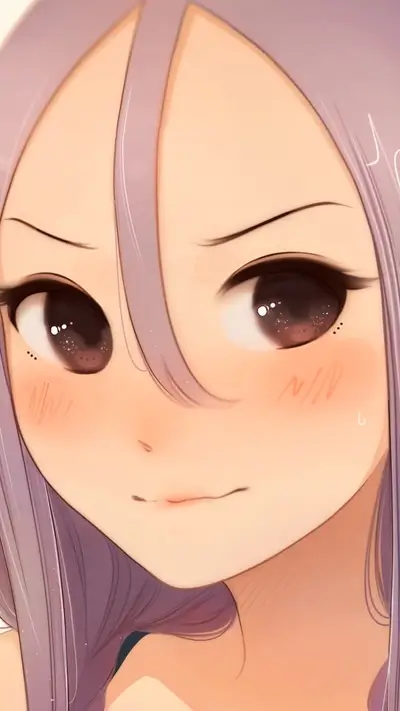 Anime girl with mischievous expression, big brown eyes, light purple hair framing face