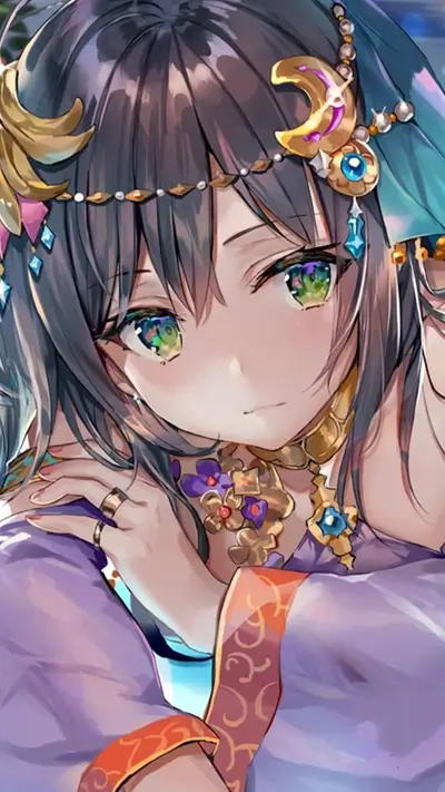 Anime girl with ornate headdress and purple clothing