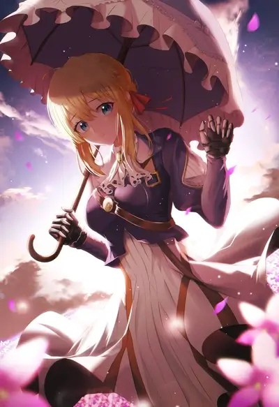 Anime girl with parasol in flower field