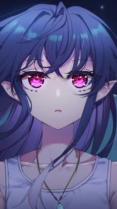 Anime girl with pink eyes and dark blue hair staring straight