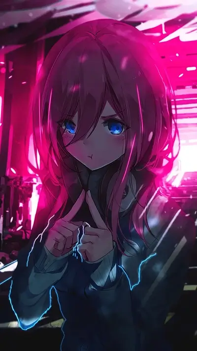 Anime girl with pink hair, blue eyes, and a stylish coat