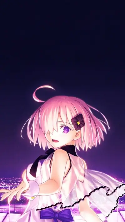 Anime girl with pink hair, flower accessory, city lights, purple, and black bow