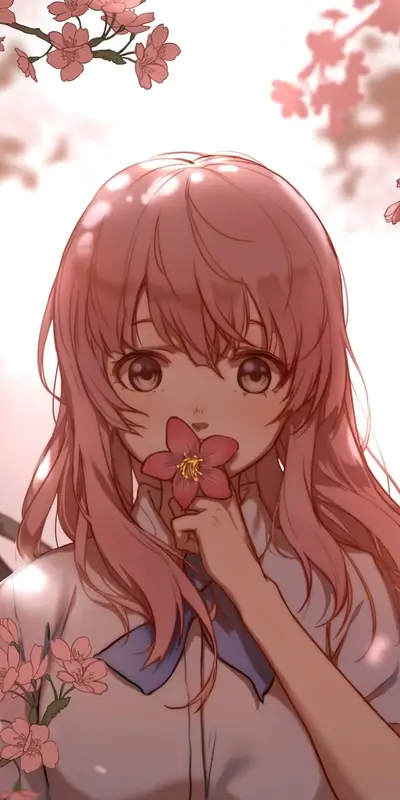 Anime girl with pink hair holding flower with blossoms in the background