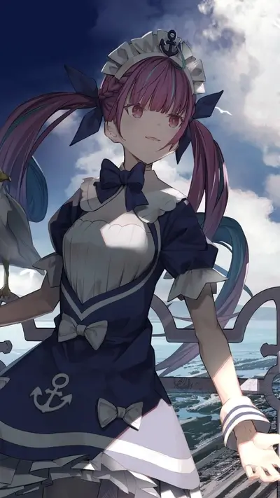 Anime girl with pink hair, maid dress, at sea, anchor, and sky