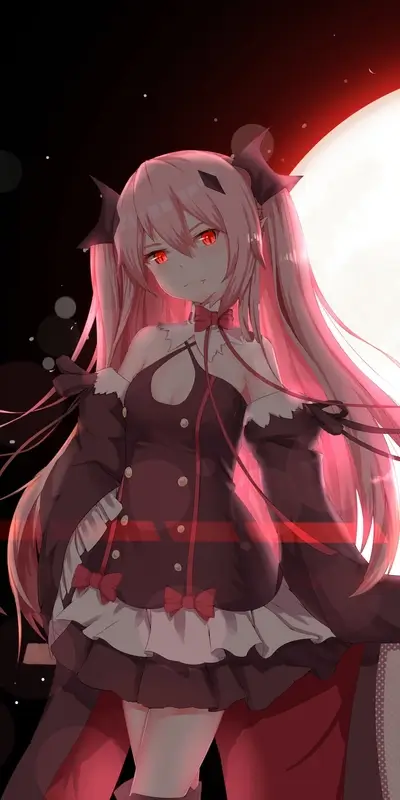 Anime girl with pink hair, red eyes, and vampire fangs stands before a blood moon
