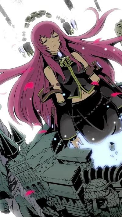 Anime girl with pink hair standing on ruined structure surrounded by light