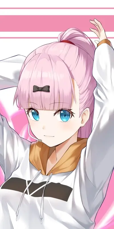 Anime girl with pink hair tying ponytail, wearing white hoodie