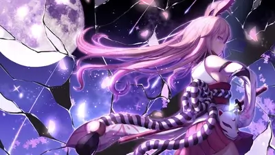 Anime girl with pink hair, wearing a kimono, gazing into the night sky