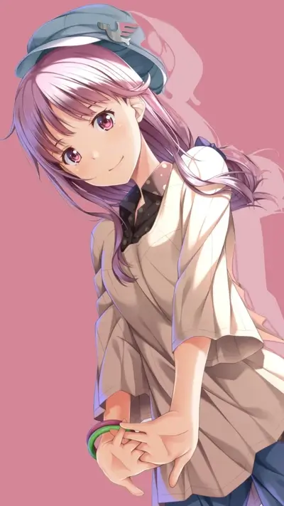 Anime girl with pink hair, wearing hat, holding green/purple bracelet