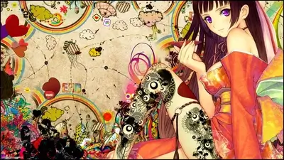 Anime girl with purple eyes, kimono, and tattoo sleeve
