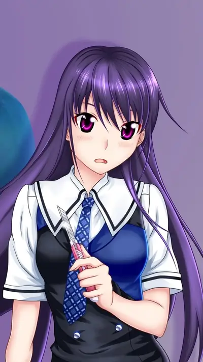 Anime girl with purple hair holding a cutter