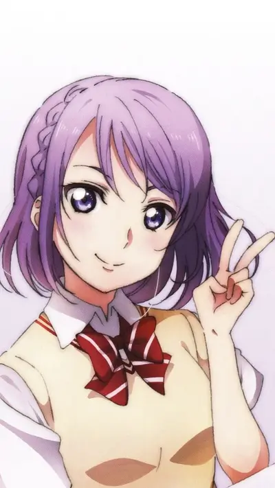 Anime girl with purple hair in school uniform making peace sign