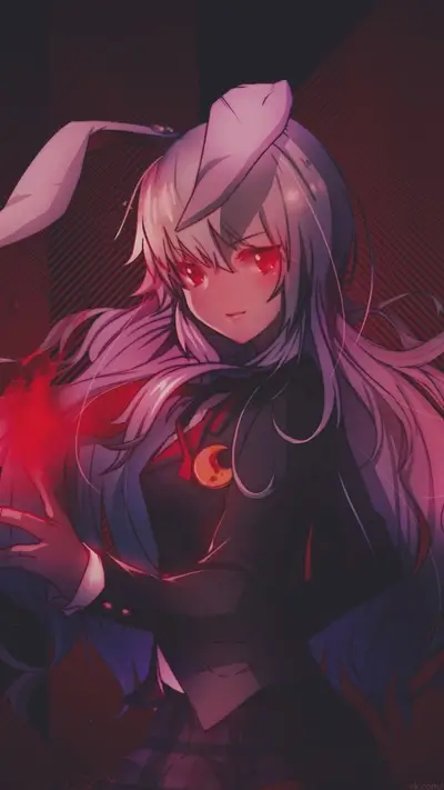 Anime girl with rabbit ears, glowing red eyes, holding a magical ball