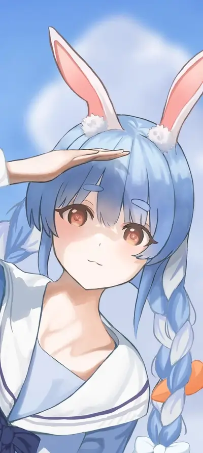 Anime girl with rabbit ears shades her eyes in blue sky