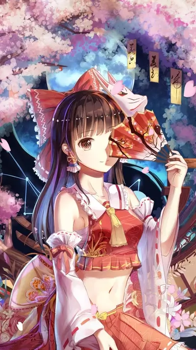 Anime girl with red and white kimono, holding a fan