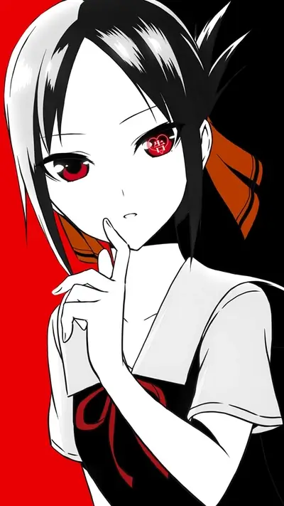 Anime girl with red eye and finger on lips