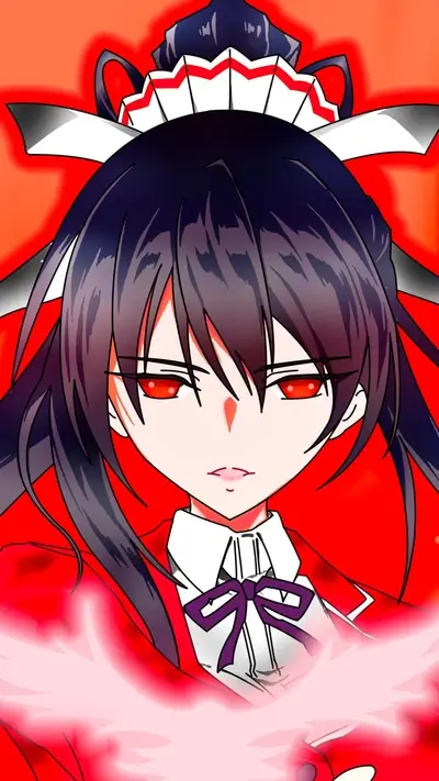 Anime girl with red eyes and dark hair stands against a bright red backdrop