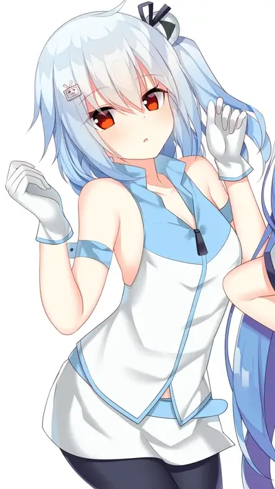 Anime girl with red eyes and light blue hair posing.