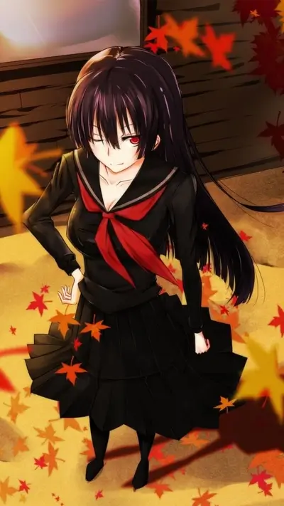 Anime girl with red eyes in a school uniform stands amidst autumn leaves