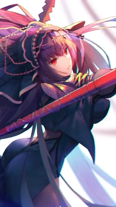 Anime girl with red eyes is wielding a staff, looking confident
