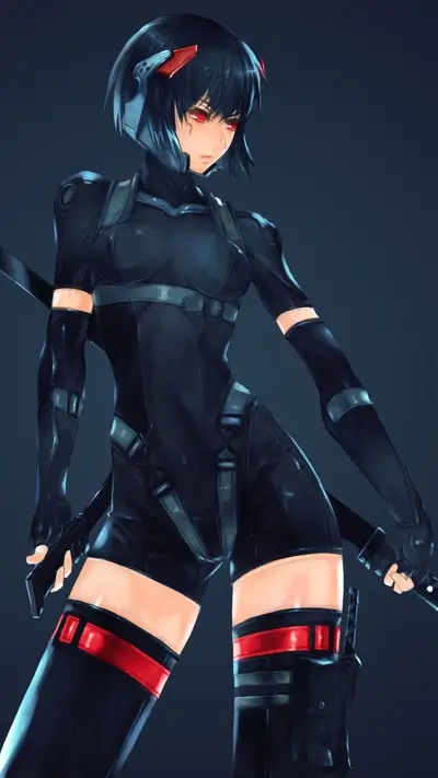 Anime girl with red eyes wearing a black bodysuit holding katanas