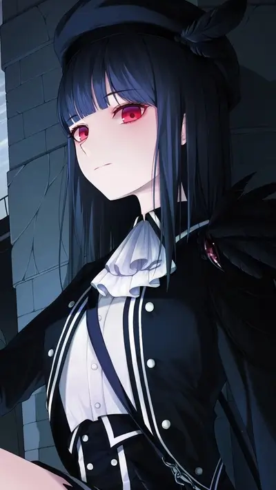 Anime girl with red eyes wearing a uniform with feathered shoulder pad