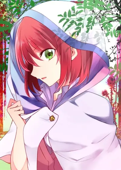 Anime girl with red hair wearing a white cloak