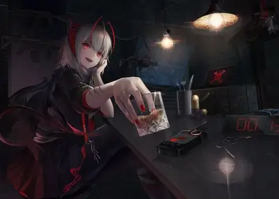 Anime girl with red horns enjoying a drink in a dark room