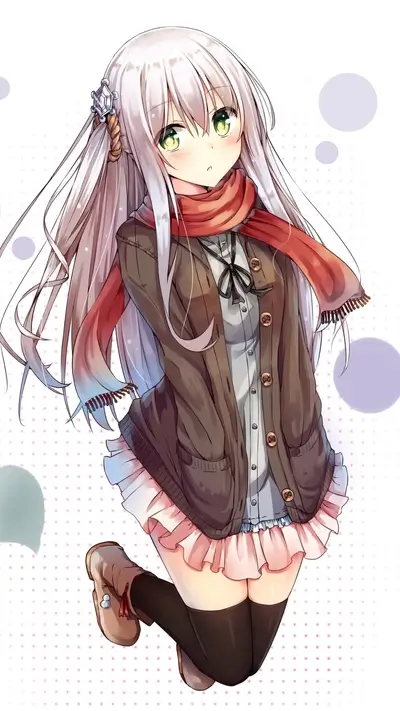 Anime girl with red scarf, long silver hair, light green eyes