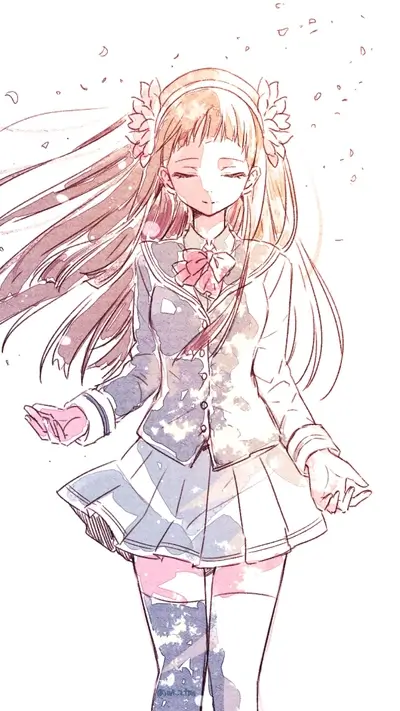 Anime girl with school uniform dress, flowers in hair, half shadowed