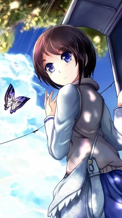 Anime girl with short dark hair and blue eyes looking at butterfly