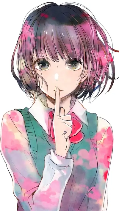 Anime girl with short hair signaling to be quiet.