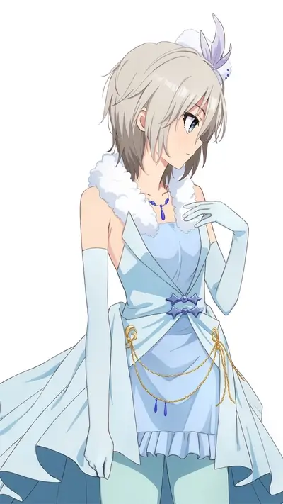 Anime girl with silver hair in elegant, light blue dress